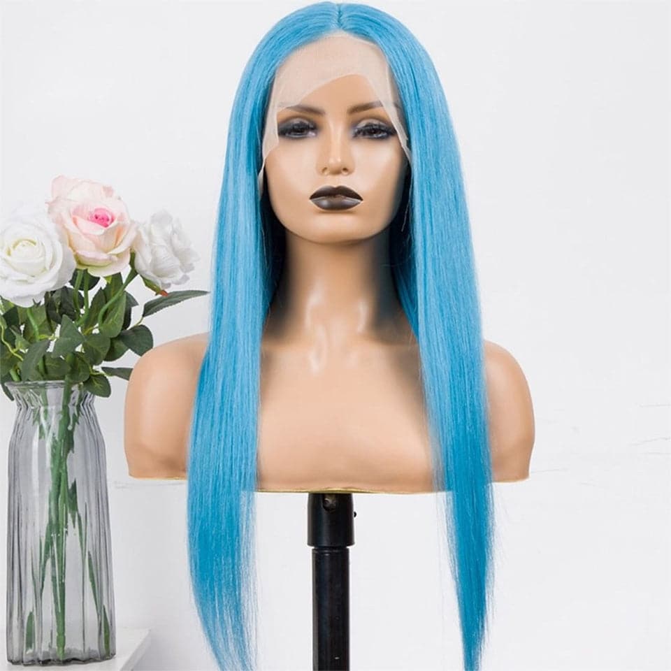 Lake Blue Straight HD Lace Front Wig Cheveux humains colorés avec des cheveux de bébé