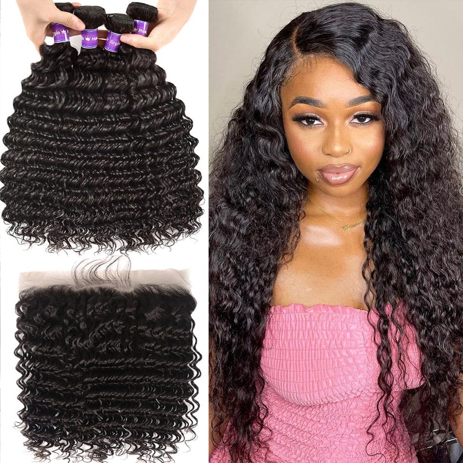 lumiere hair Malaysian Virgin Hair Deep Wave 4 Bundles with 13*4 Lace Frontal - Lumiere hair