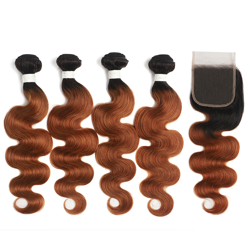 lumiere 1B/30 Ombre Body Wave 4 Bundles With 4x4 Lace Closure Pre Colored human hair - Lumiere hair