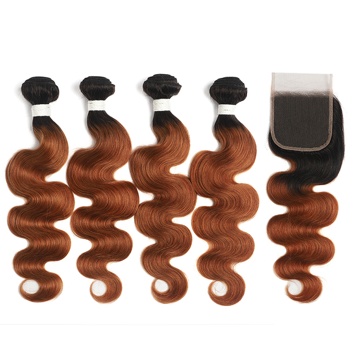 lumiere 1B/30 Ombre Body Wave 4 Bundles With 4x4 Lace Closure Pre Colored human hair - Lumiere hair
