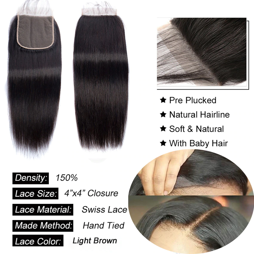 Cheveux raides 4 faisceaux avec 4*4 fermeture à lacet brésilien dentelle transparente de cheveux humains