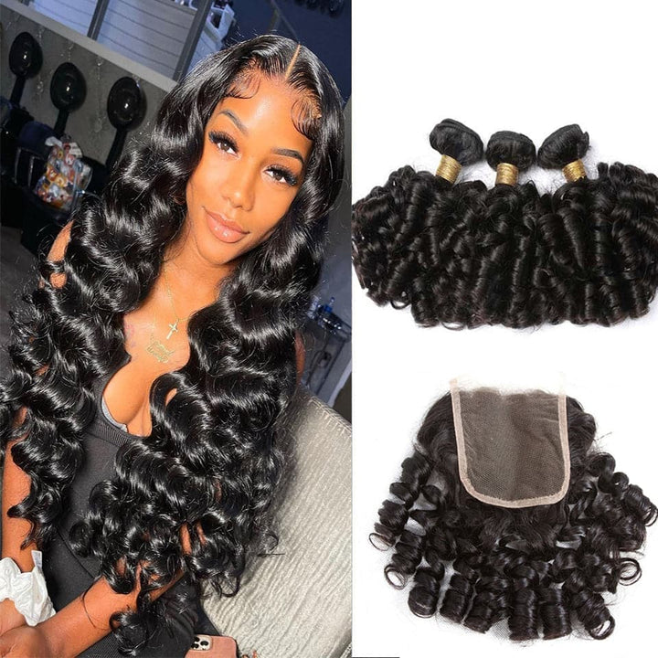 Bouncy Curly 4 Bundles avec 4x4 Lace Closure Indian Virgin Hair Extensions