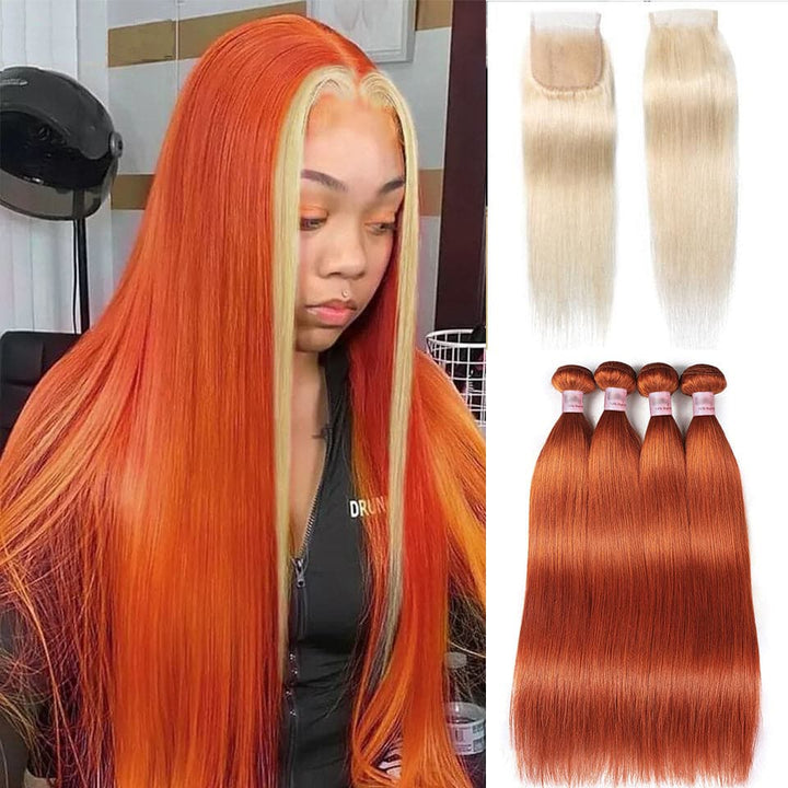 #350 Ginger Blonde Hair Bundles with Closure Straight 4 Bundles with 4x4 HD Lace Closure Human Hair Extensation