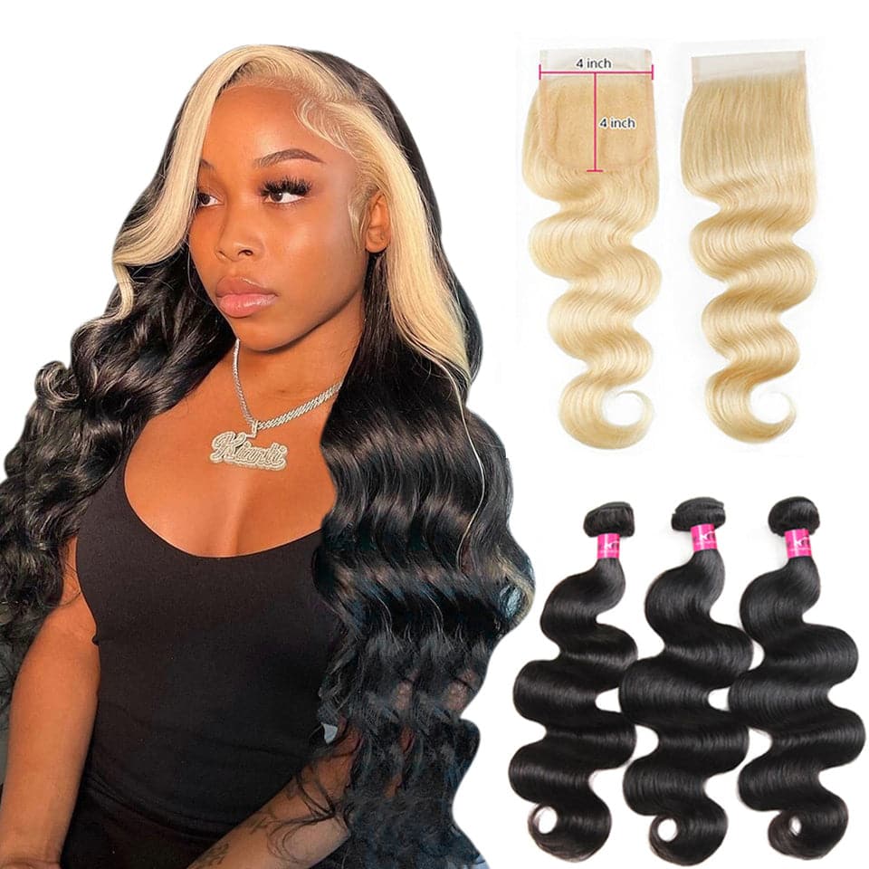 Body Wave 3 Bundles avec 4x4 HD Lace Closure Bundle de cheveux naturels avec 613 Blond HD Lace Closure