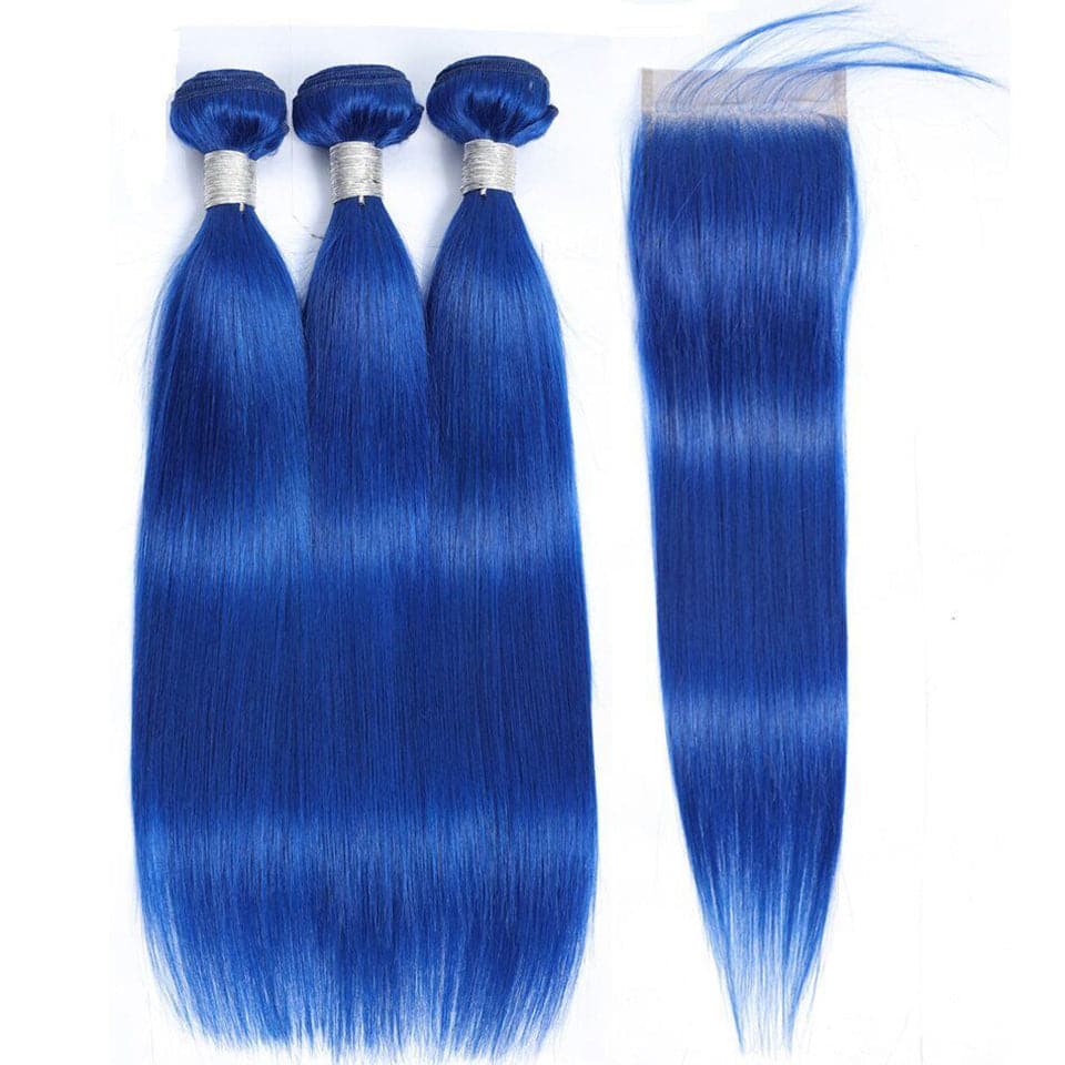 Klein Blue Colored Straight 3 Bundles with 4x4 HD Lace Closure Human Hair Extensions