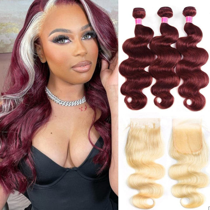 Burgundy Body Wave 3 Bundles with 613 Blonde 4x4 HD Lace Closure Hair