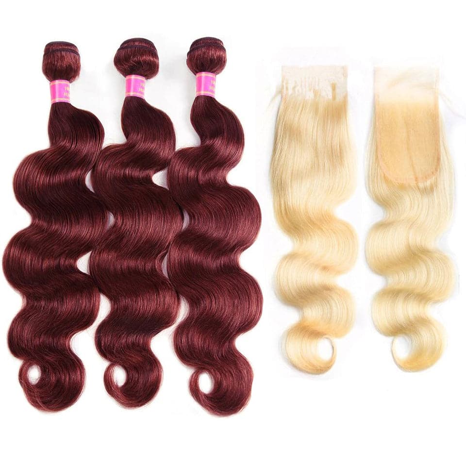 Body Wave 4 Bundles with 4x4 HD Lace Closure Burgundy Hair Bundle with Blond HD Lace Closure Human Hair Extensation