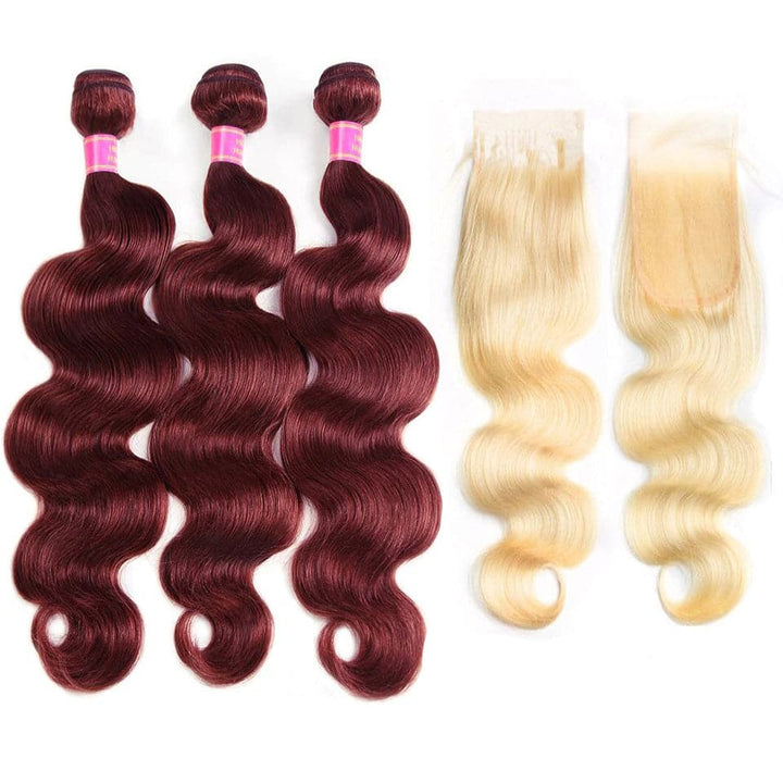 Body Wave 4 Bundles with 4x4 HD Lace Closure Burgundy Hair Bundle with Blond HD Lace Closure Human Hair Extensation