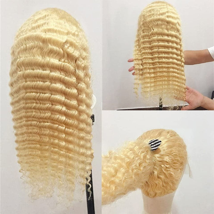 613 Honey Blonde Deep Wave 4x4 Lace Closure Wigs Wet Wavy For Women