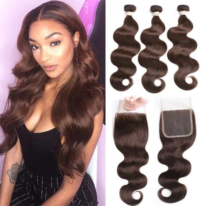 lumiere #4 Brown Body Wave 3 Bundles With Closure 4x4 pre Colored 100% virgin human hair - Lumiere hair