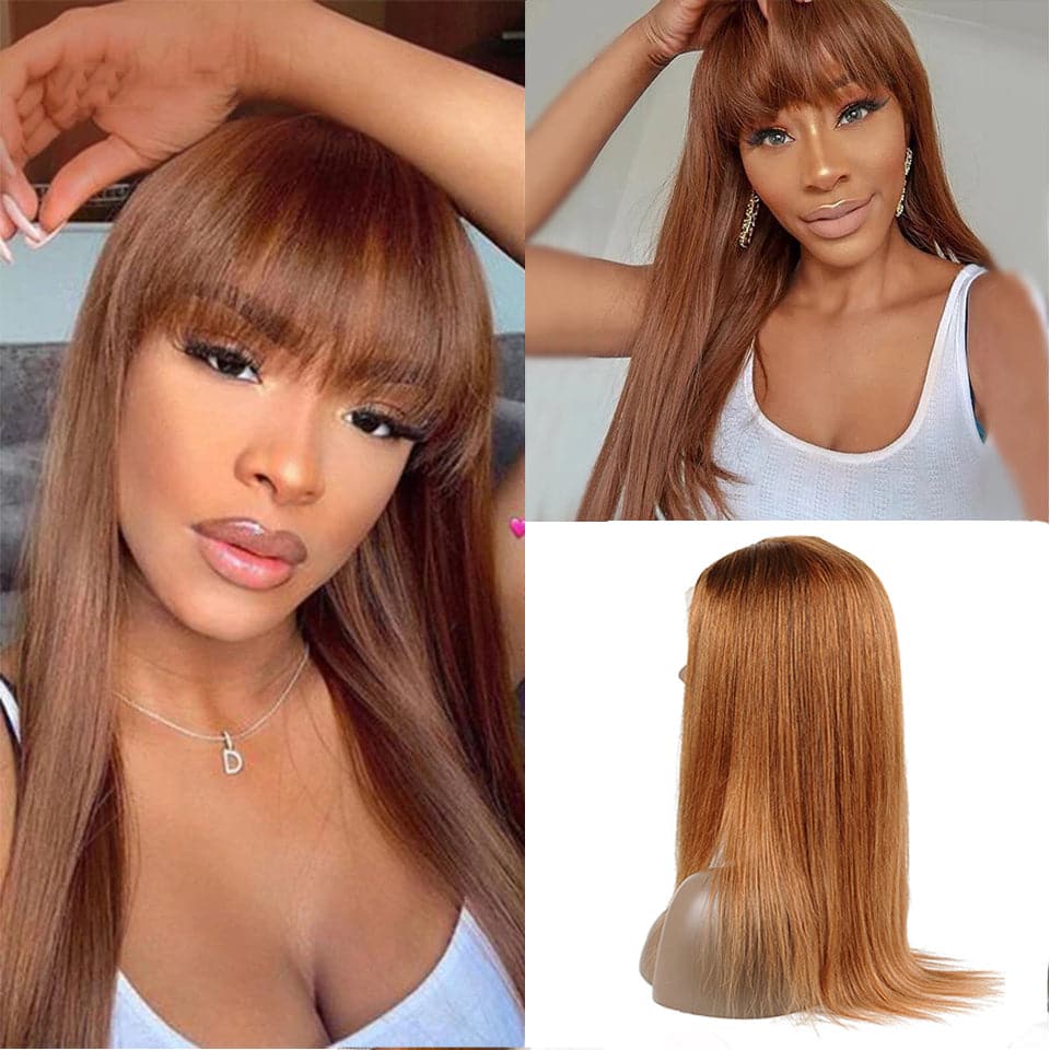 Straight Hair #30 Brown Machine Made None Lace Front Wig With Bangs Virgin Human Hair Wigs