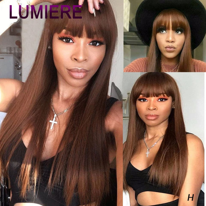 Chocolate Brown Straight Full Machine Made None Lace Wig With Bangs Human Hair