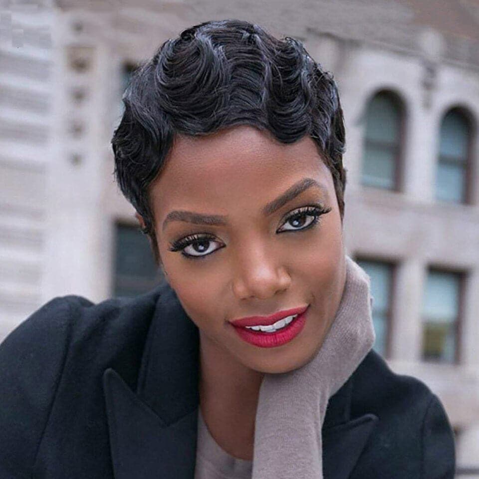 Pixie Cut Finger Wave Short Bob Full Machine None Lace Front Wigs 100% Human Hair Goodcang