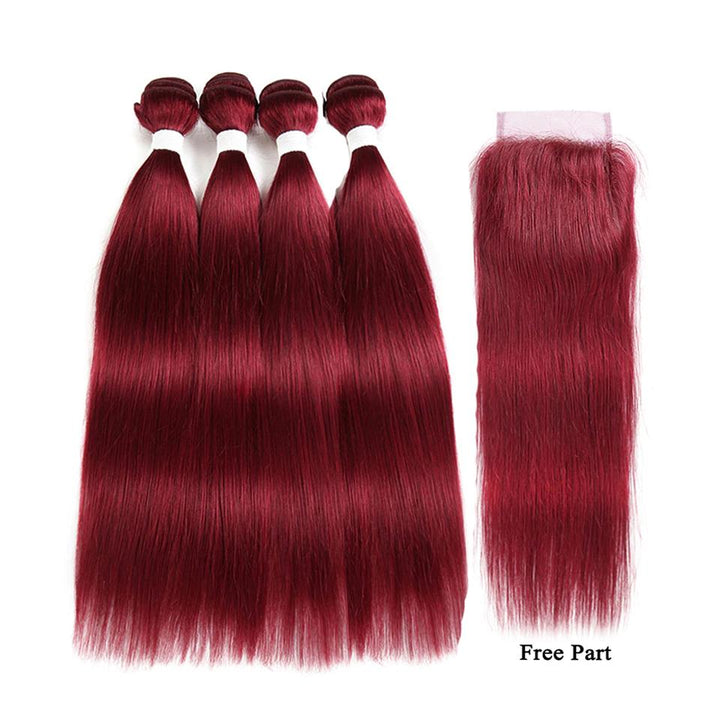 Red Bundles Color burg Straight Hair 4 Bundles With 4x4 Lace Closure Pre Colored human hair