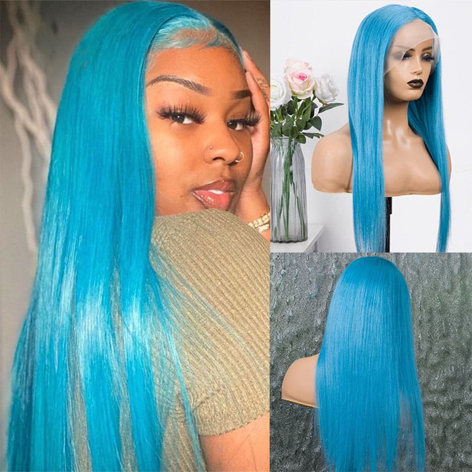 Lake Blue Straight HD Lace Front Wig Cheveux humains colorés avec des cheveux de bébé