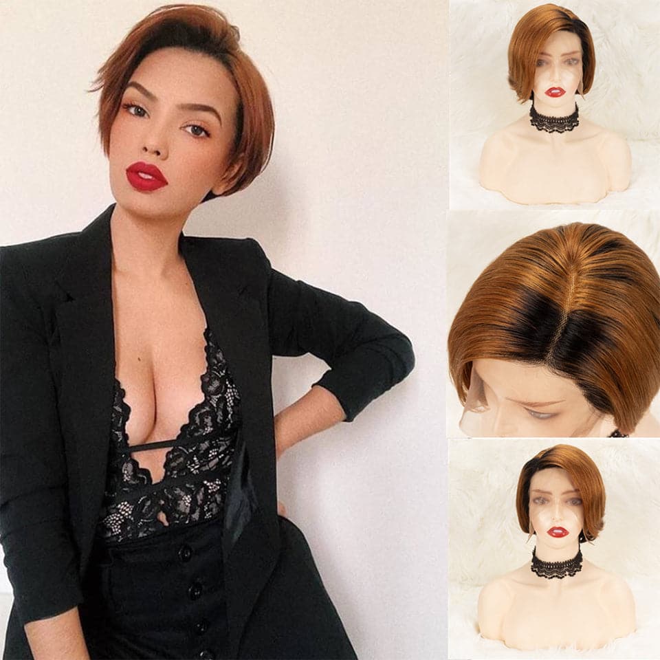 1B/30 13x1 T Lace Front Pixie Cut Remy Court Bob Perruques pour Femmes Cheveux Humains
