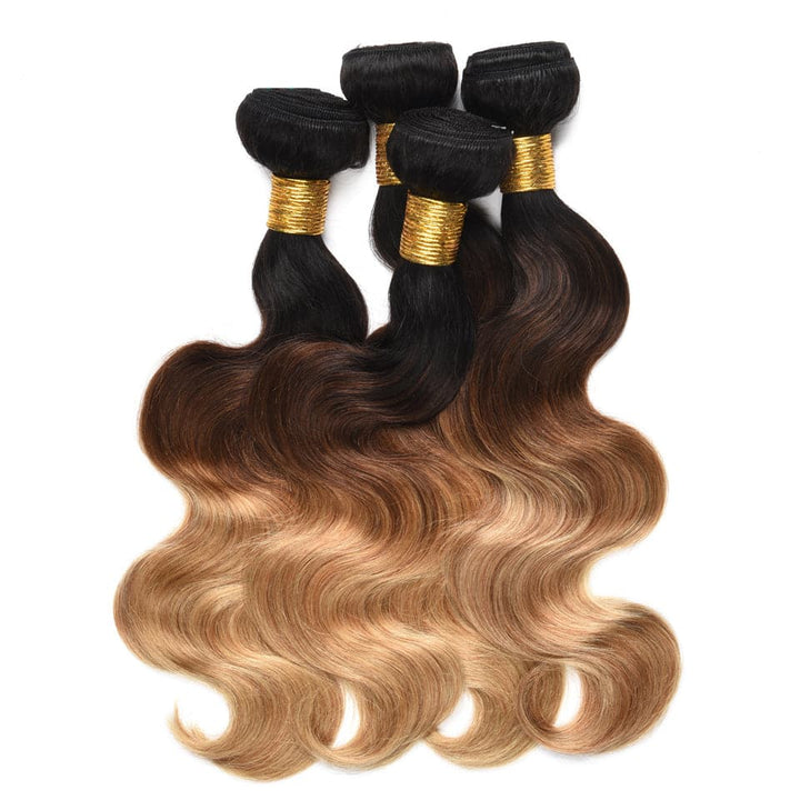Colored 1B/4/27 Blonde Body Wave 4 Bundles With 13X4 Lace Frontal