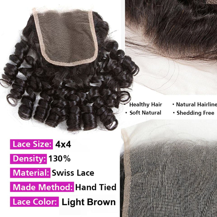 Bouncy Curly 3 Bundles with 4x4 Lace Closure Human Hair Weaves Natural Color