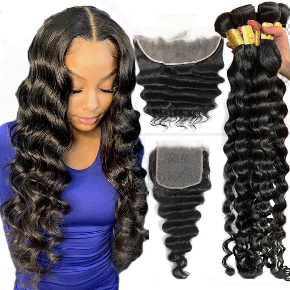 Loose Deep Wave 4 Bundles with transparent lace Closure / Frontal Brazilian Remy Human Hair