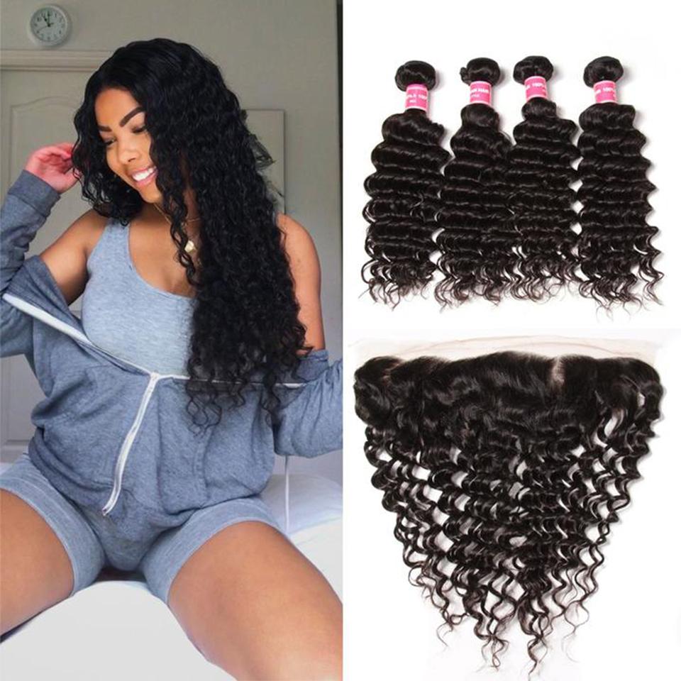 lumiere Malaysian Virgin Hair Deep Wave 4 Bundles with 13*4 Lace Frontal