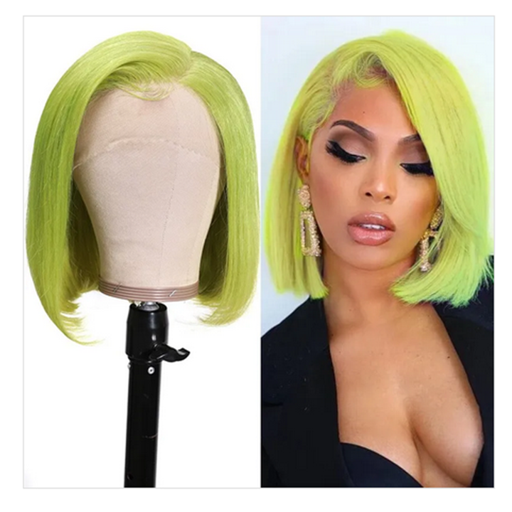 180% Density Fluorescent green Short Bob Lace Front Straight Human Hair Wigs Transparent Lace