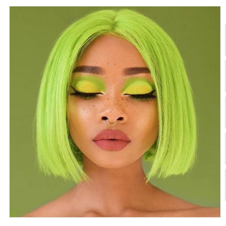 180% Density Fluorescent green Short Bob Lace Front Straight Human Hair Wigs Transparent Lace