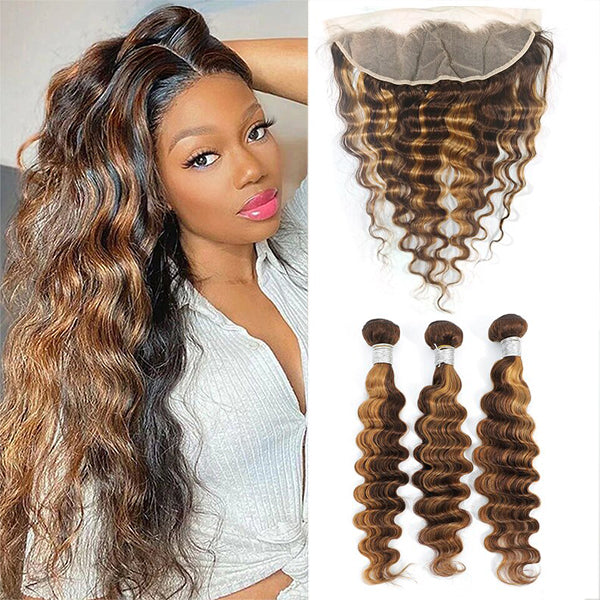 Highlight P4/27 Loose Deep 3 Bundles With 13x4 Transparent Lace Frontal Brazilian Hair