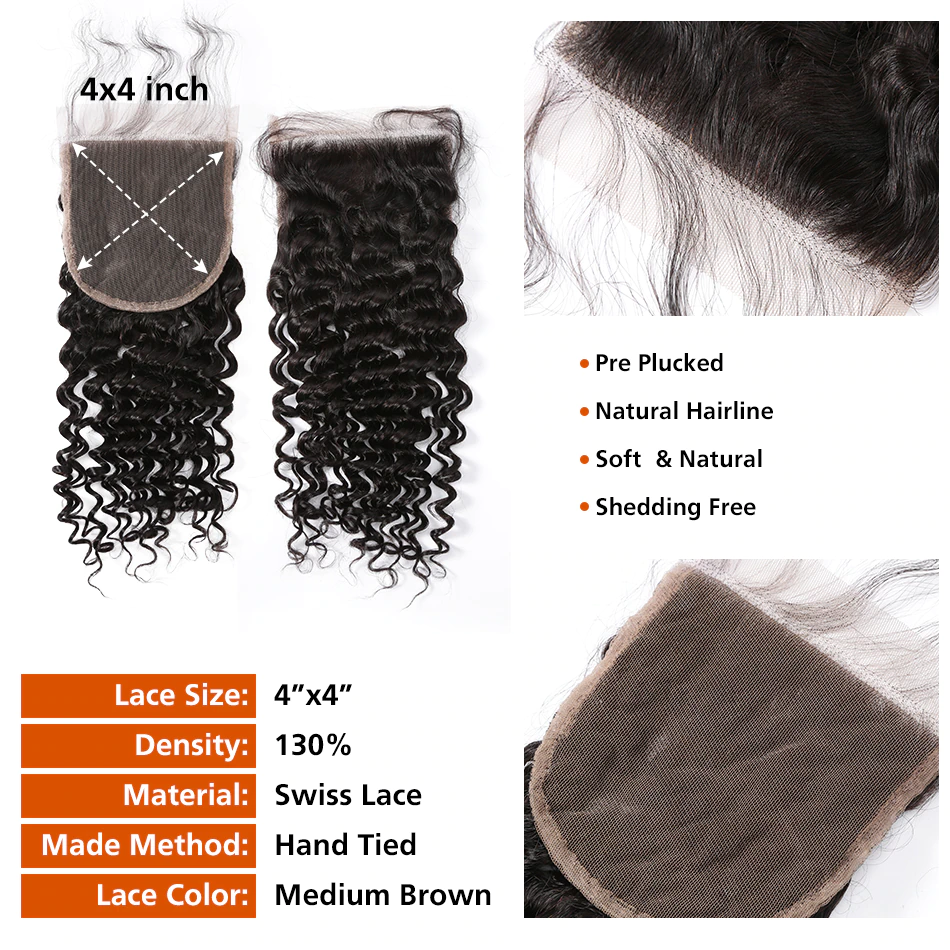 28 30 32 inch Deep Wave 3 Bundles With 4x4 Closure transparent lace Peruvian Remy Human Hair Weaves