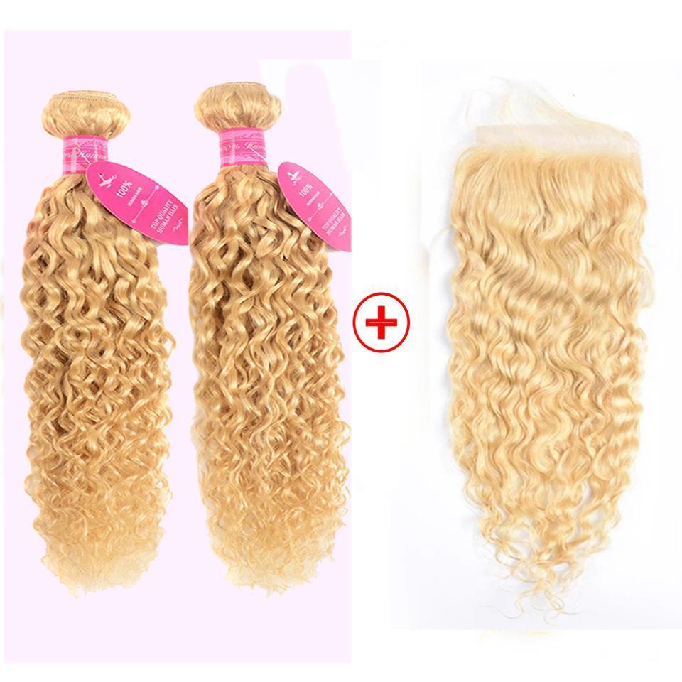 613 Blonde Color Water Wave 2 Bundles with 4x4 Closure Virgin Human Hair