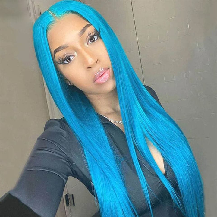 Lake Blue Straight HD Lace Front Wig Cheveux humains colorés avec des cheveux de bébé
