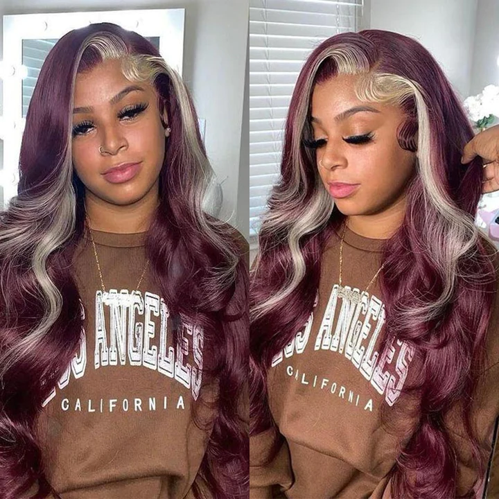 13x4 HD Lace Frontal Wig body wave Skunk Stripe Wig #99j Color With 613 Lace Front Pre Plucked With Baby Hair Side Part