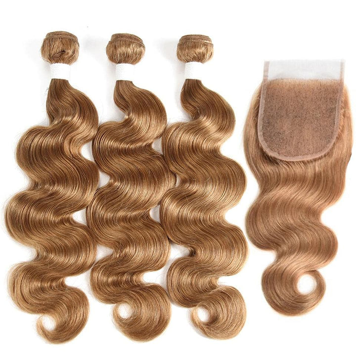 lumiere #27 light Brown Body Wave 3 Bundles With Closure 4x4 pre Colored 100% virgin human hair - Lumiere hair