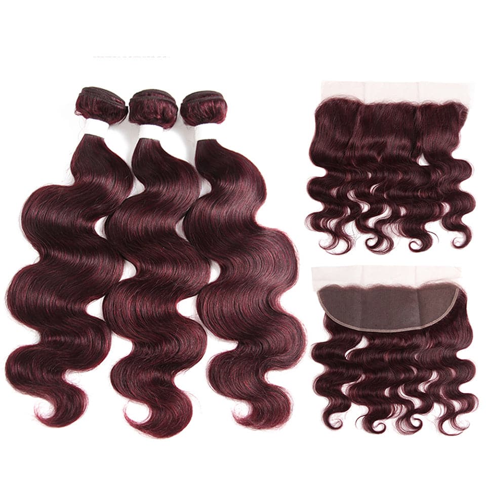 Red Bundles 99J Body Wave 3 Bundles With 13x4 Lace Frontal Pre Colored Ear To Ear