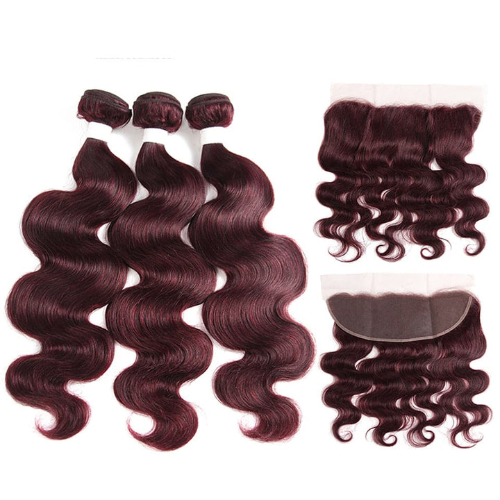 Red Bundles 99J Body Wave 3 Bundles With 13x4 Lace Frontal Pre Colored Ear To Ear