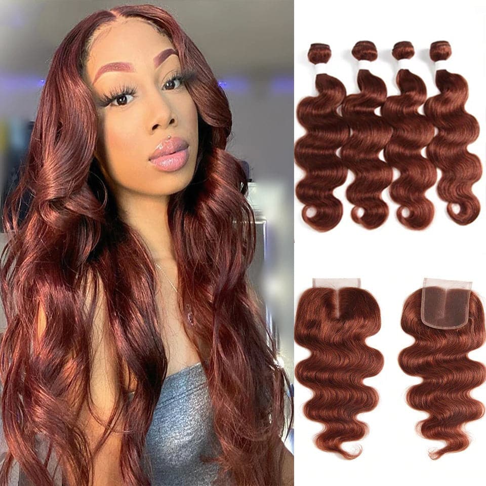 lumiere color #33 body wave 4 Bundles With 4x4 Lace Closure Pre Colored human hair(No Code Need)