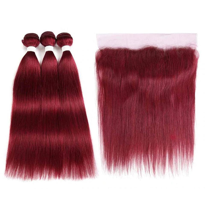 red bundles burg straight hair 3 Bundles With 13x4 Lace Frontal Pre Colored Ear To Ear