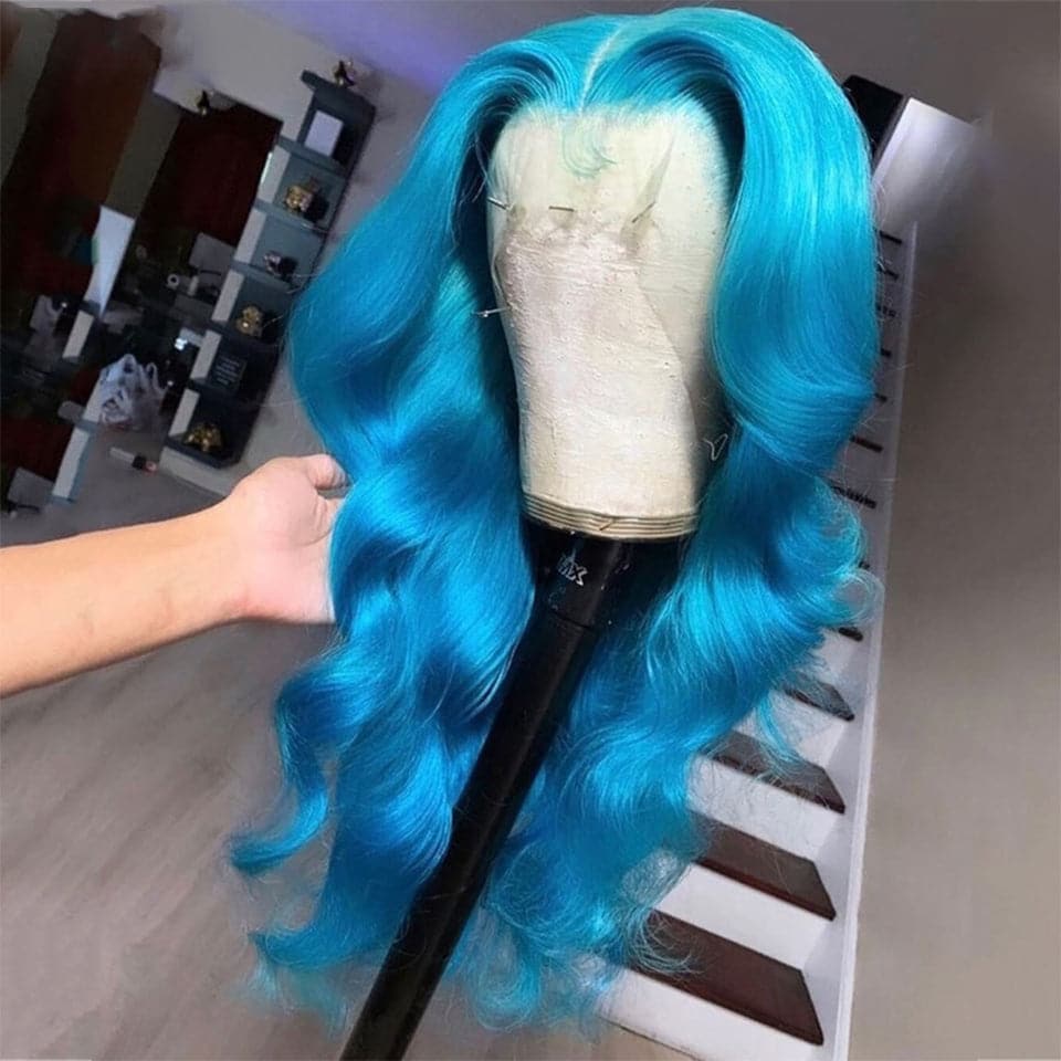 Lake Blue Colored Body Wave Lace Frontal Human Hair Wig For Women