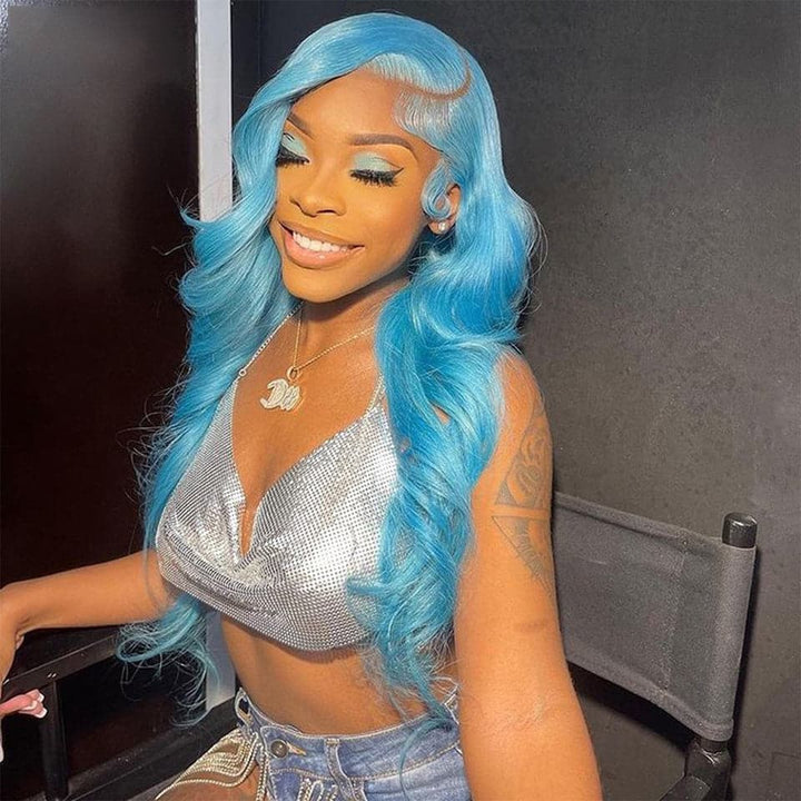 Lake Blue Colored Body Wave Lace Frontal Human Hair Wig For Women
