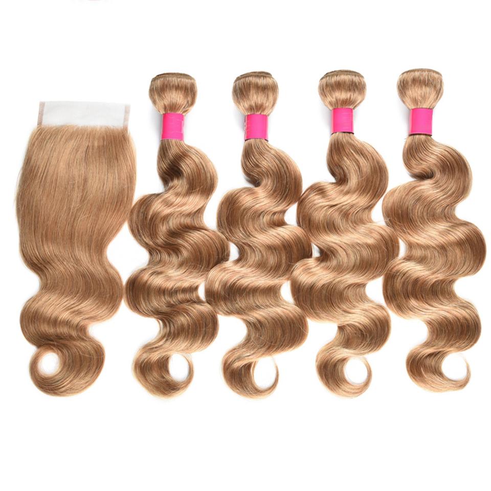 lumiere #27 light Brown Body Wave 4 Bundles With 4x4 Lace Closure Pre Colored human hair - Lumiere hair