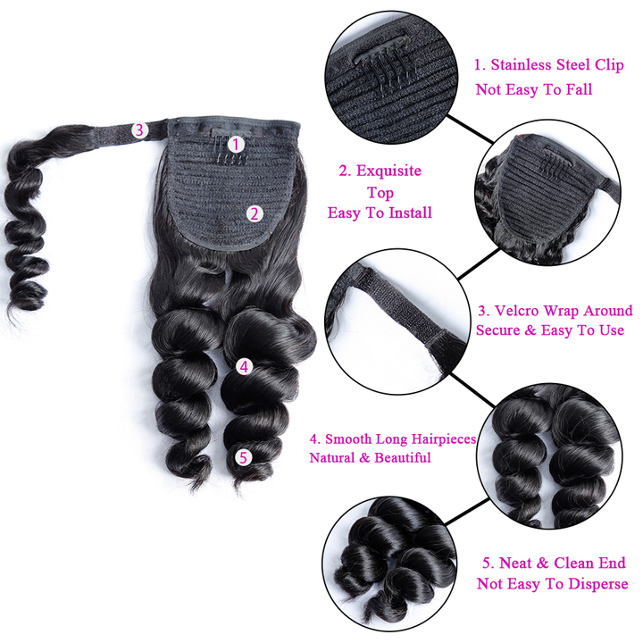 Loose Wave Wrap Around Ponytails Extensions Natural Human Hair One Piece For Women