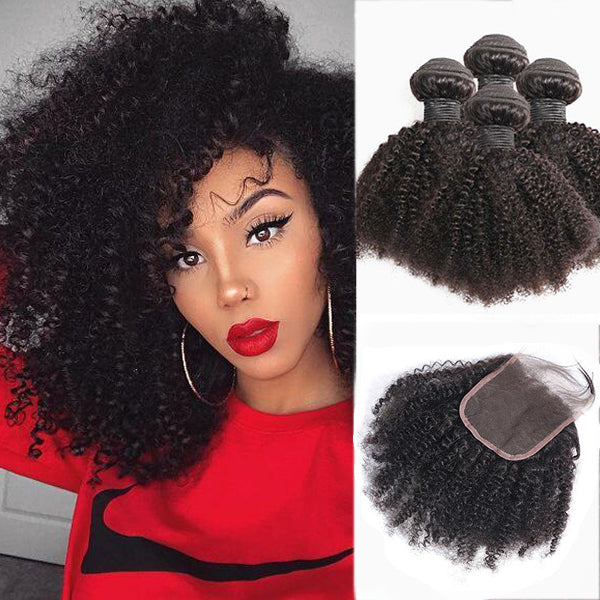 Malaysian Afro Curly Hair 4 Bundles with 4x4 Lace Closure PrePlucked HumanHair Extensions