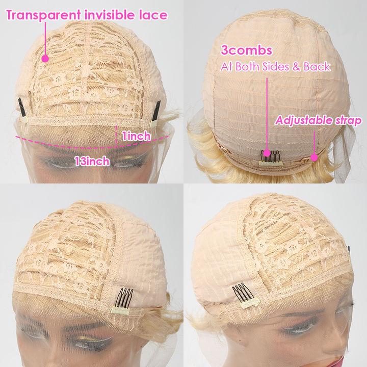 613 Blonde 13x1 Lace Loose Curly Short Pixie Cut Bob Wigs For Women