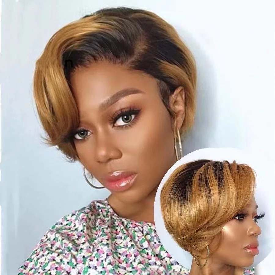 1B/27 13x1 T Lace Side Part Straight Short Pixie Cut Bob Perruques Pour Femmes