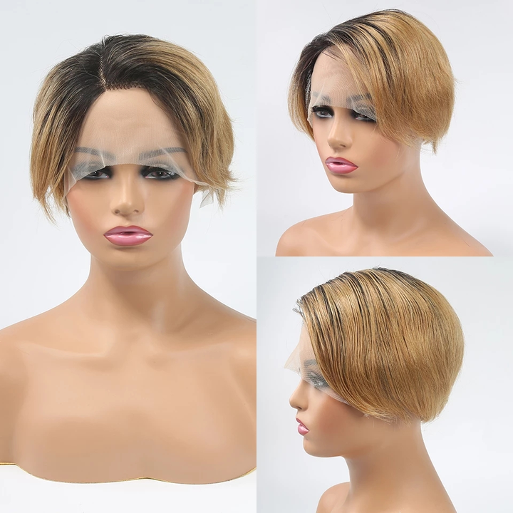 1B/27 13x1 T Lace Side Part Straight Short Pixie Cut Bob Perruques Pour Femmes