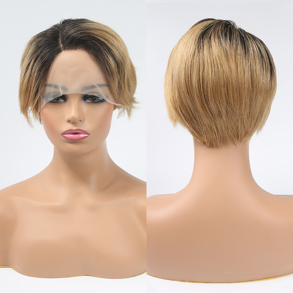 1B/27 13x1 T Lace Side Part Straight Short Pixie Cut Bob Perruques Pour Femmes