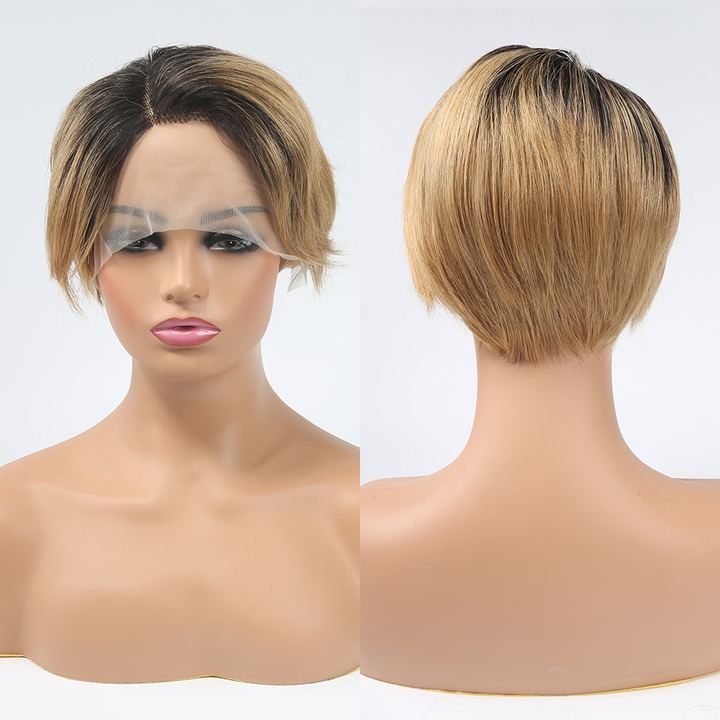 1B/27 13x1 T Lace Side Part Straight Short Pixie Cut Bob Perruques Pour Femmes