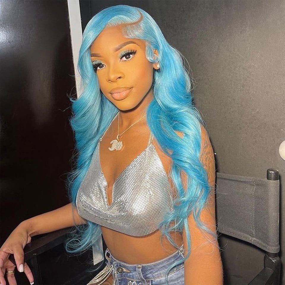 Lake Blue Colored Body Wave Lace Frontal Human Hair Wig For Women