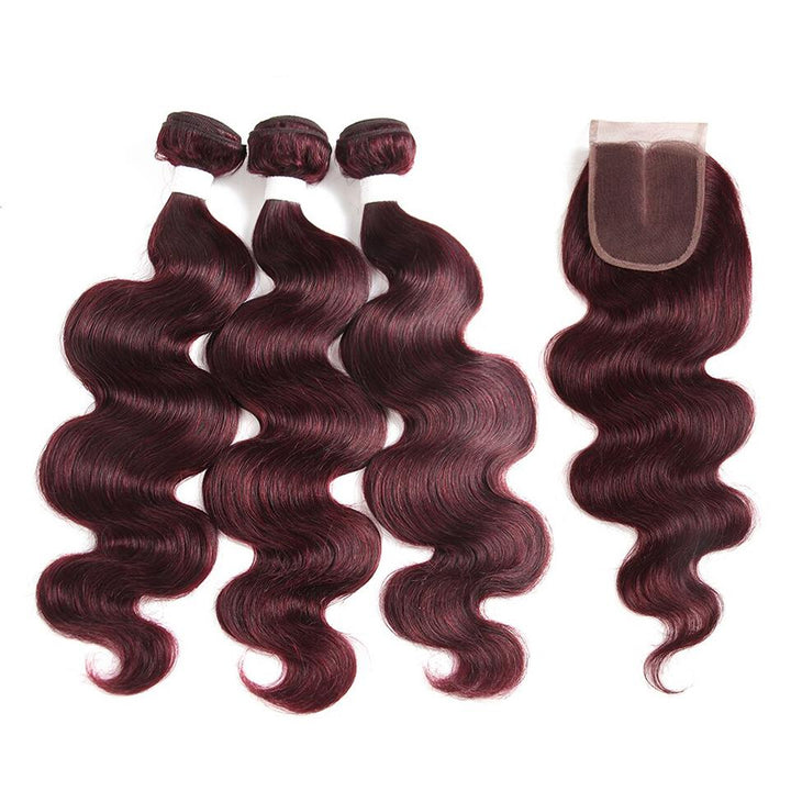 Red Bundles 99J Body Wave 3 Bundles With 4X4 Lace Closure pre-Colored 100% virgin human hair