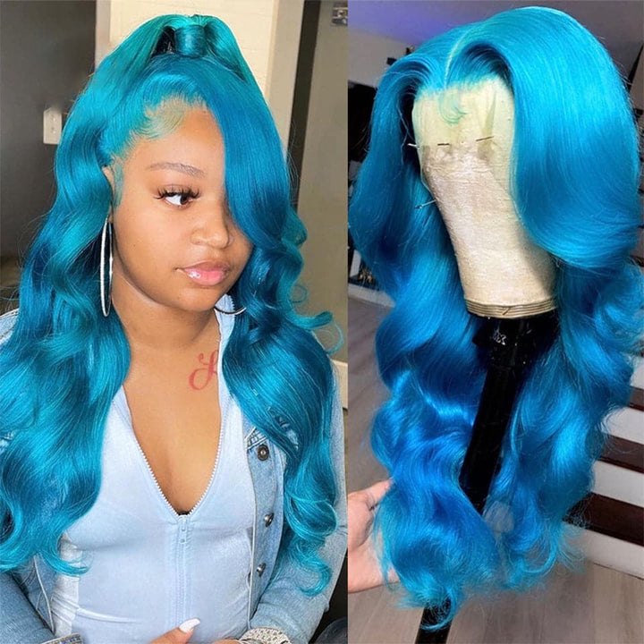 Lake Blue Colored Body Wave Lace Frontal Human Hair Wig For Black Women