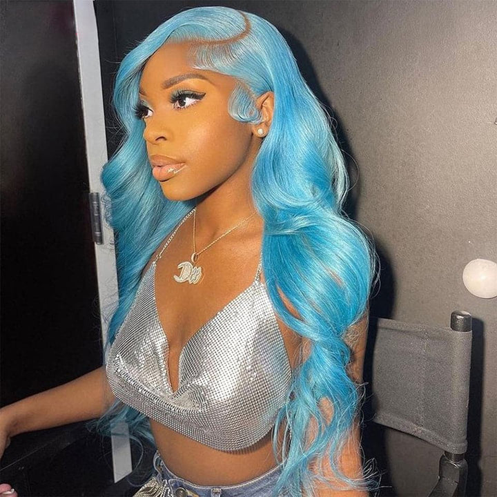 Lake Blue Colored Body Wave Lace Frontal Human Hair Wig For Women